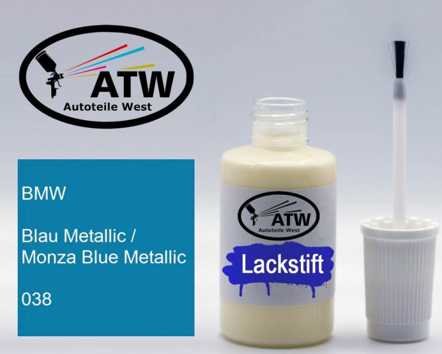 BMW, Blau Metallic / Monza Blue Metallic, 038: 20ml Lackstift, von ATW Autoteile West.